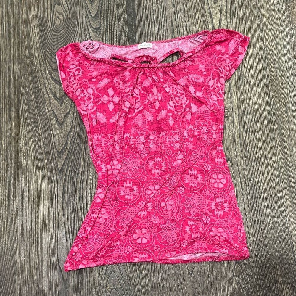Maurices Blouse Top Floral Cap Sleeve Open Back Round Neck Pullover Pink Size M